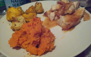 Apricot Rosemary chicken with patty pan squash and mashed sweet potatoes